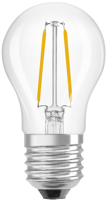 Une ampoule transparente avec culot argenté et deux filaments jaunes.