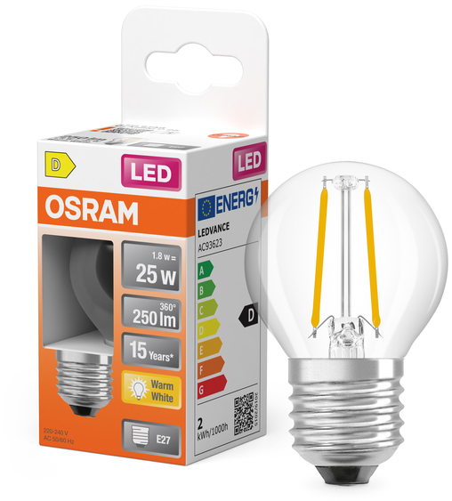 Ampoule LED OSRAM dans son emballage, classe énergétique D, à côté de l'ampoule.