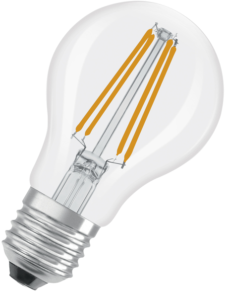 Une ampoule transparente avec culot argenté et quatre filaments orange.