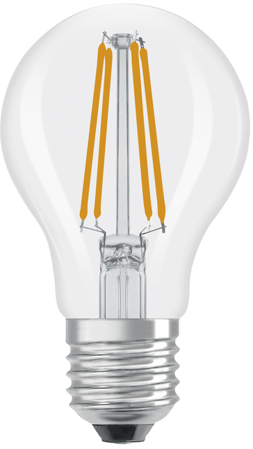 Une ampoule transparente avec une base argentée et des filaments orange visibles.