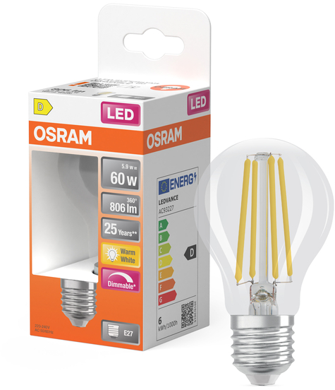 Ampoule LED Osram avec emballage, 60W, 806 lumens, blanc chaud, dimmable.