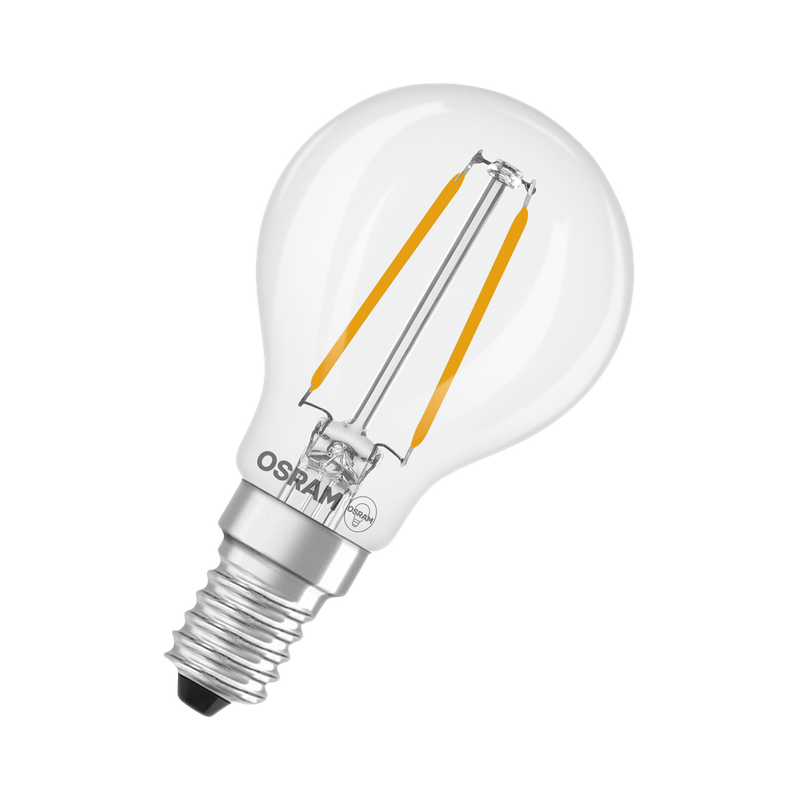 Eine Osram Glühbirne mit zwei orangefarbenen Glühfäden auf schwarzem Hintergrund.
