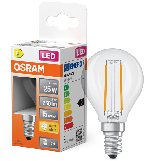 OSRAM LED-Lampe mit E14-Sockel, 1,8W, Warmweiß, auf Verpackung mit Energieeffizienzklasse D.