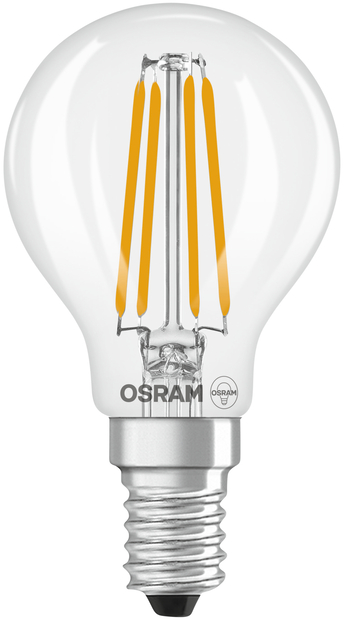 Une ampoule transparente avec quatre filaments orange et logo OSRAM.
