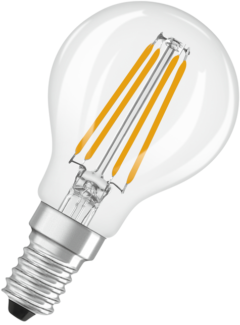 Une ampoule transparente avec une base argentée et quatre filaments jaunes.