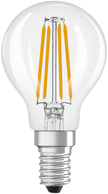 Une ampoule transparente avec quatre filaments jaunes à l'intérieur et une base argentée.