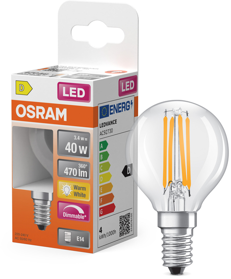 Ampoule LED OSRAM avec emballage, classe énergétique D, blanc chaud, dimmable.