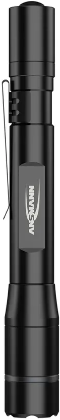Lampe torche noire avec clip argenté et logo gris avec texte.
