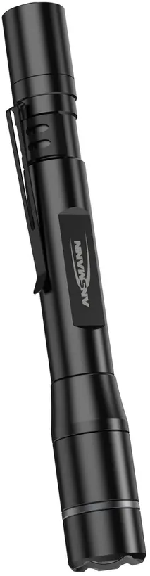 Lampe de poche noire avec clip et logo argenté.