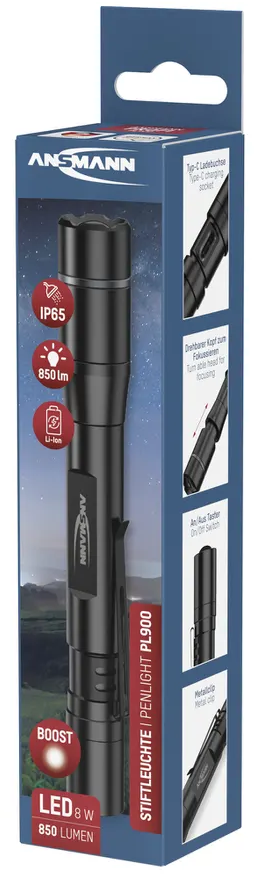 Lampe de poche noire en boîte avec détails techniques et images.