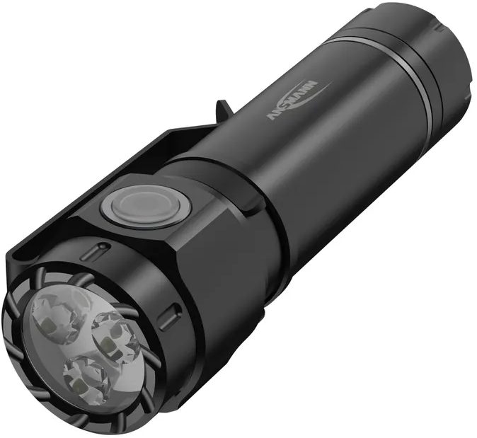 Lampe de poche noire avec trois LED et un bouton gris.