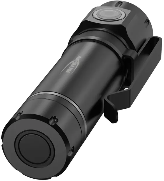 Lampe torche tactique noire avec logo argenté et clip.