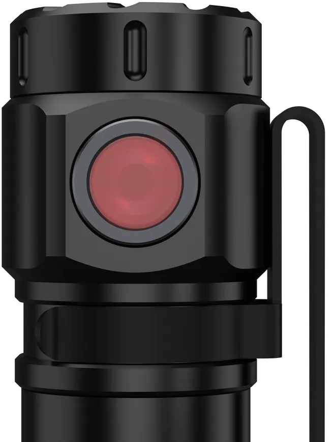 Lampe de poche noire avec bouton rouge et clip.