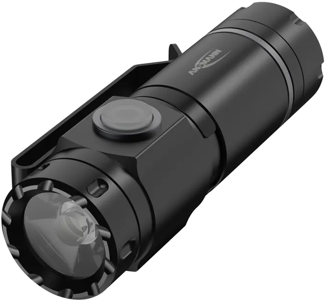 Lampe torche tactique noire avec bouton argenté et clip.