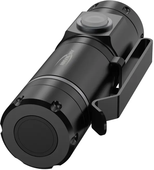 Lampe de poche noire avec logo et clip argentés.