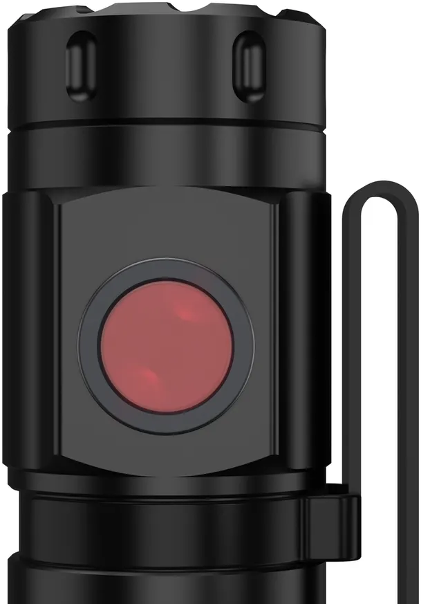 Lampe de poche noire avec bouton rouge et clip.