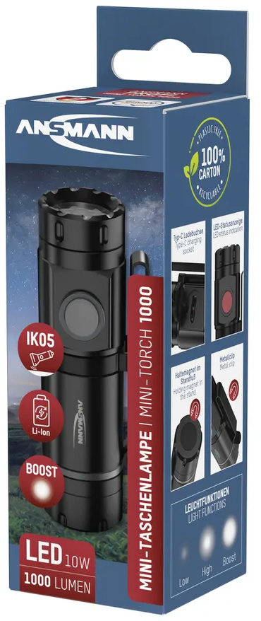 Emballage d'une lampe torche LED noire de 1000 lumens avec port de chargement USB-C.