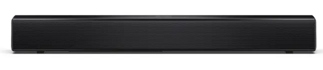 Czarny, prostokątny soundbar z teksturowanym przodem i zaokrąglonymi krawędziami.