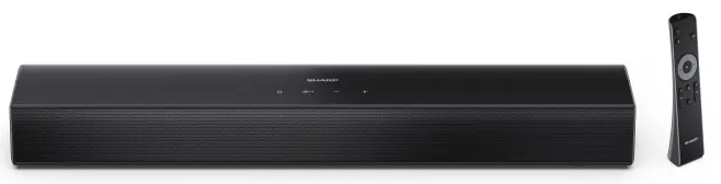 Czarna listwa dźwiękowa i pilot na białym tle.