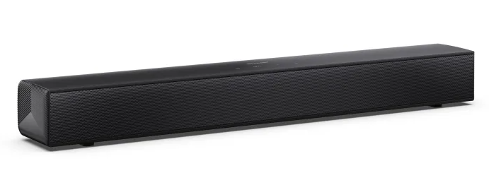Czarny, prostokątny soundbar z głośnikiem siatkowym i przyciskami na górze.