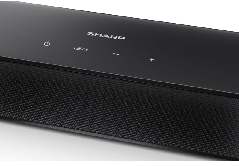 Czarny soundbar Sharp z przyciskami głośności i zasilania.