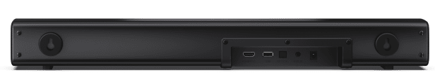 Czarny tył soundbara z portami HDMI, USB i optycznymi. Widoczne uchwyty.