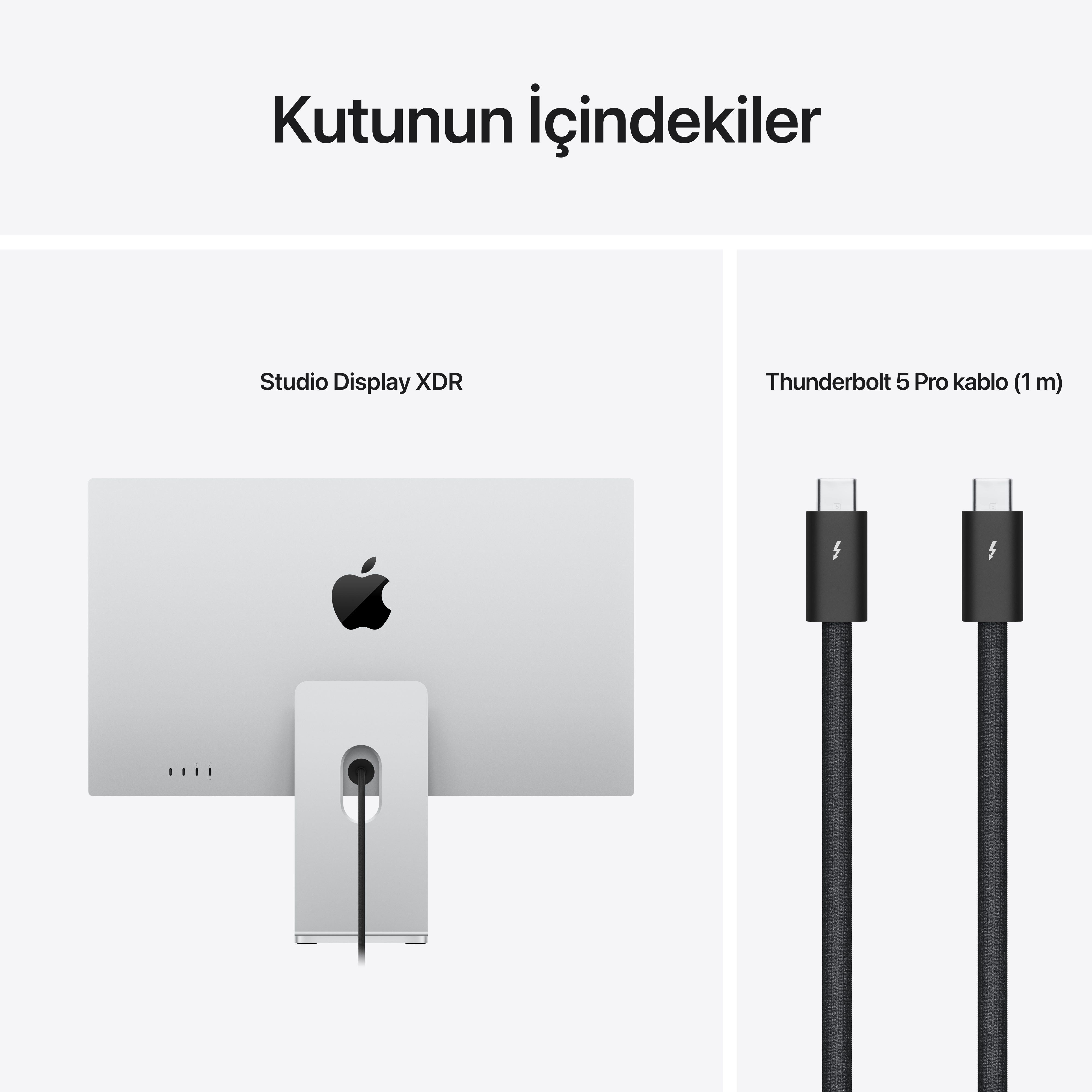 Studio Display XDR'ın arkası ve iki Thunderbolt 5 Pro kablosu.