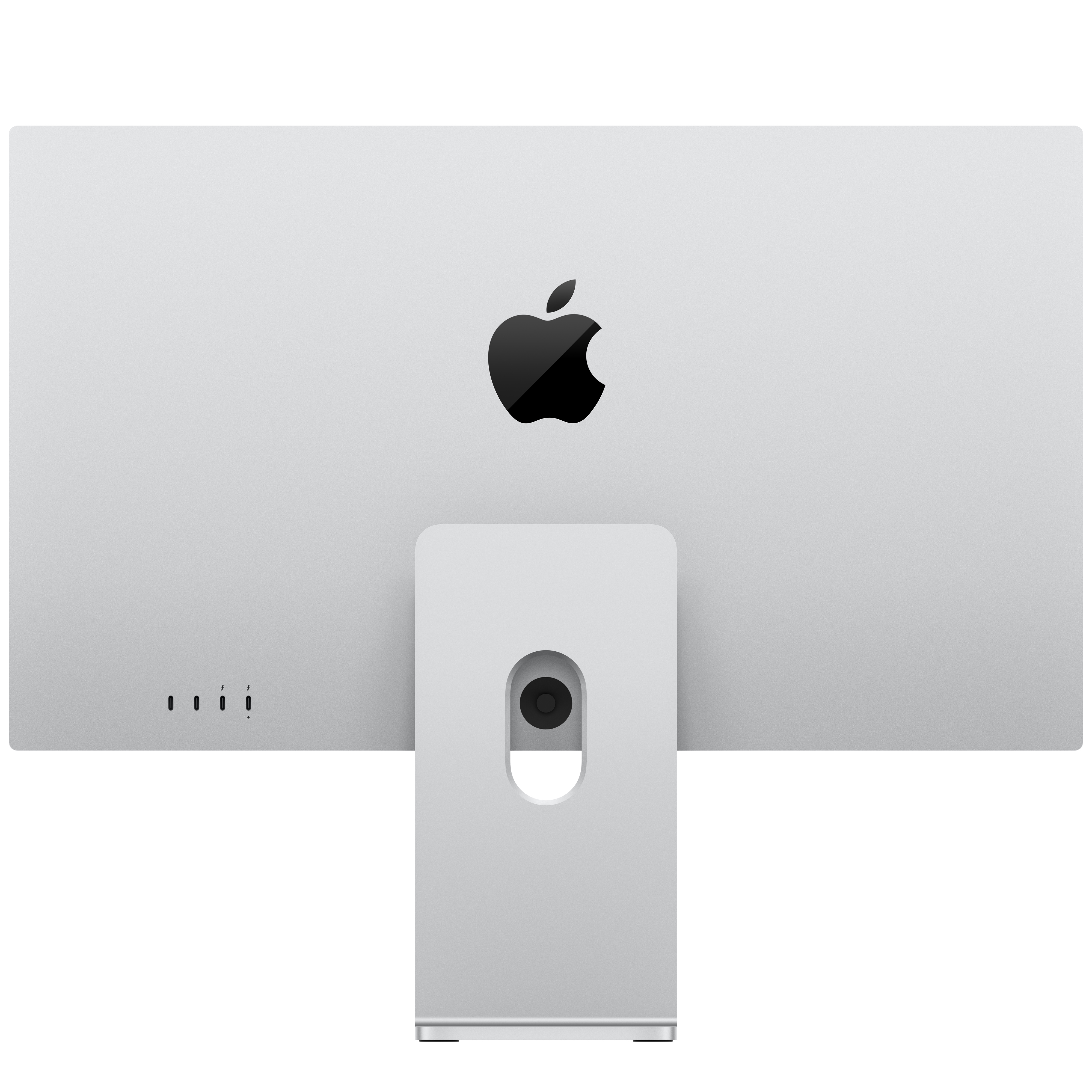 Gümüş iMac arkası, Apple logosu, stant ve bağlantı noktaları.