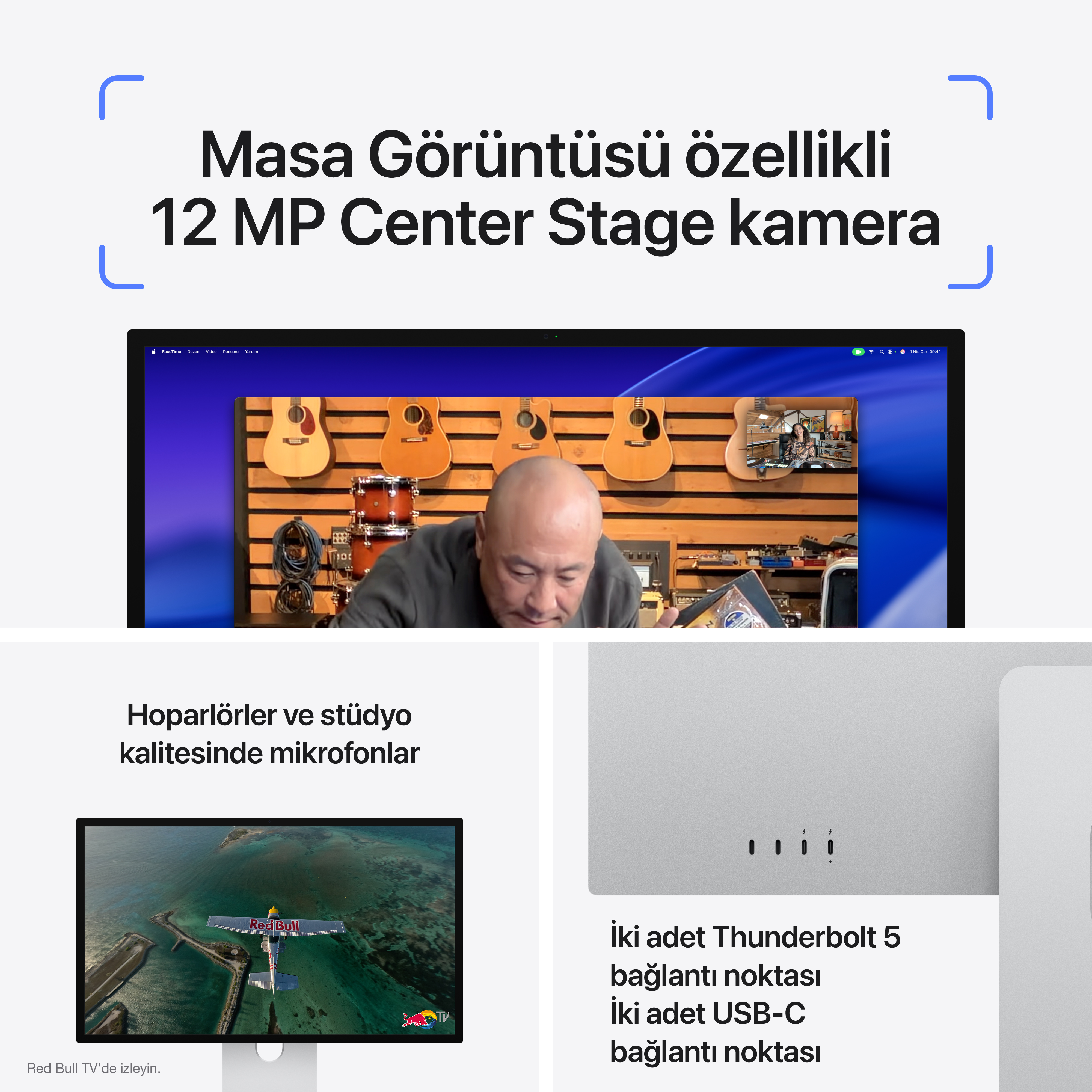 Gitar önünde bir adam, Red Bull logolu uçak ve bağlantı noktaları.