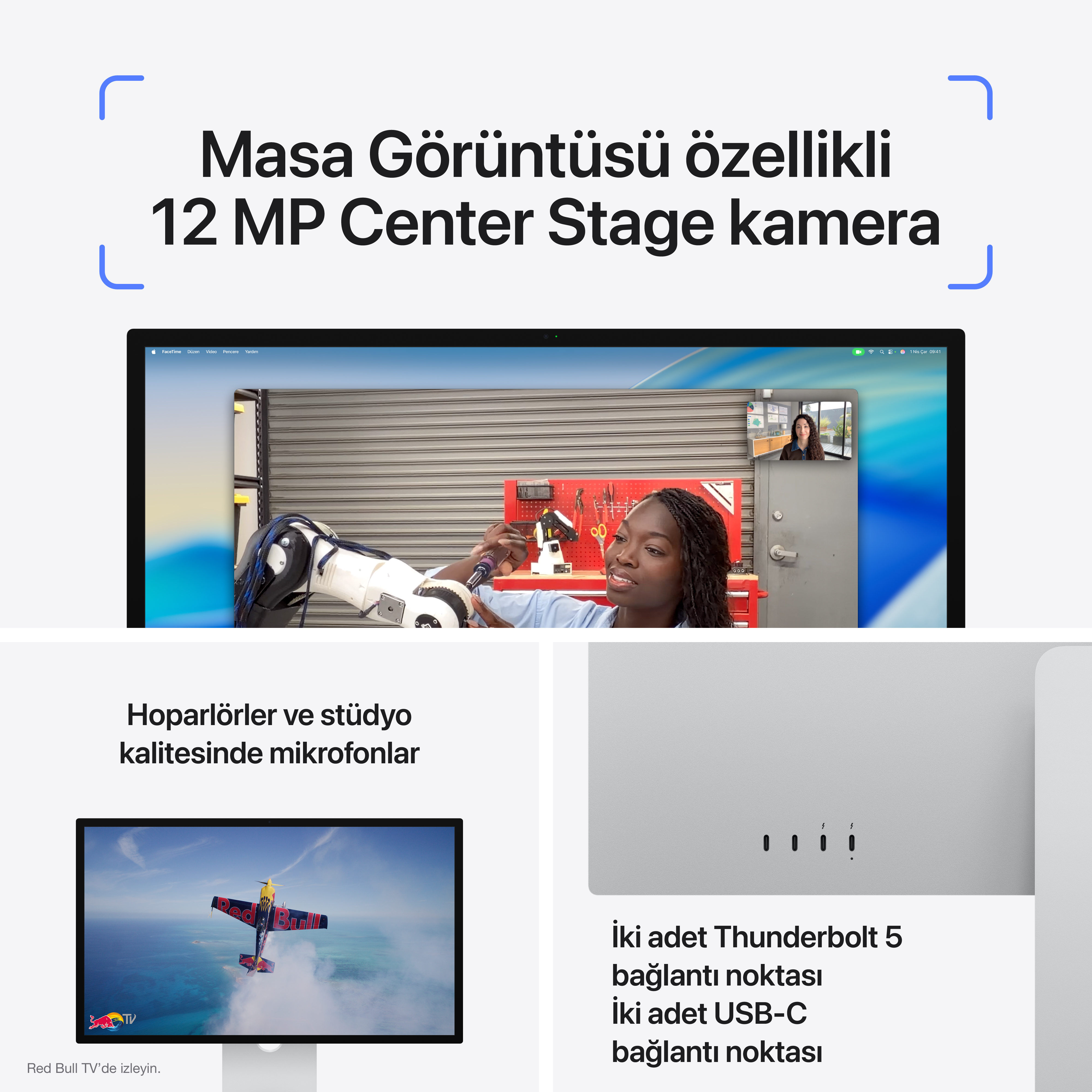 Center Stage 12 MP kameralı iMac, Red Bull uçağı ve Thunderbolt bağlantı noktaları.