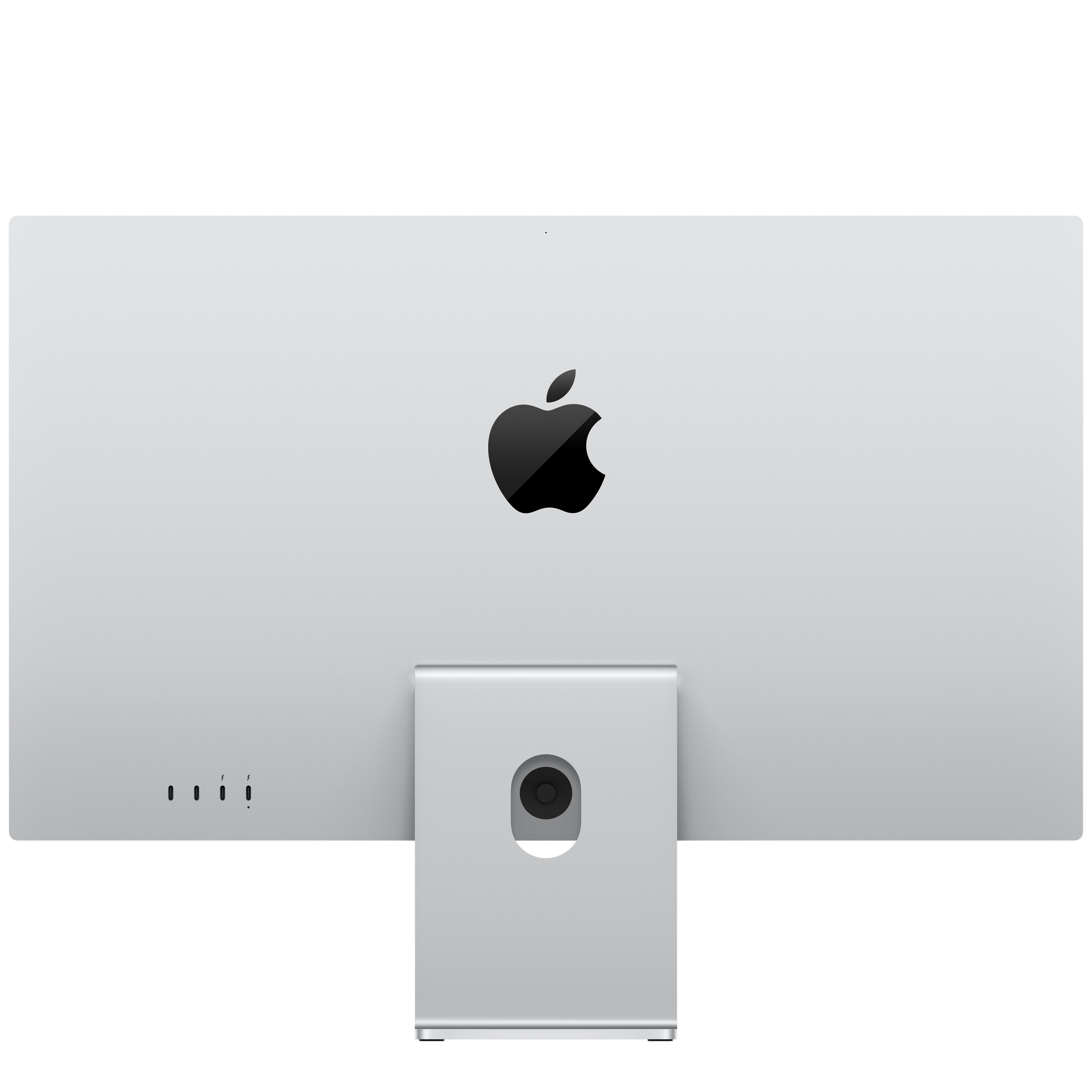 Gümüş renkli Apple iMac, arkasında logo ve portlar bulunur.