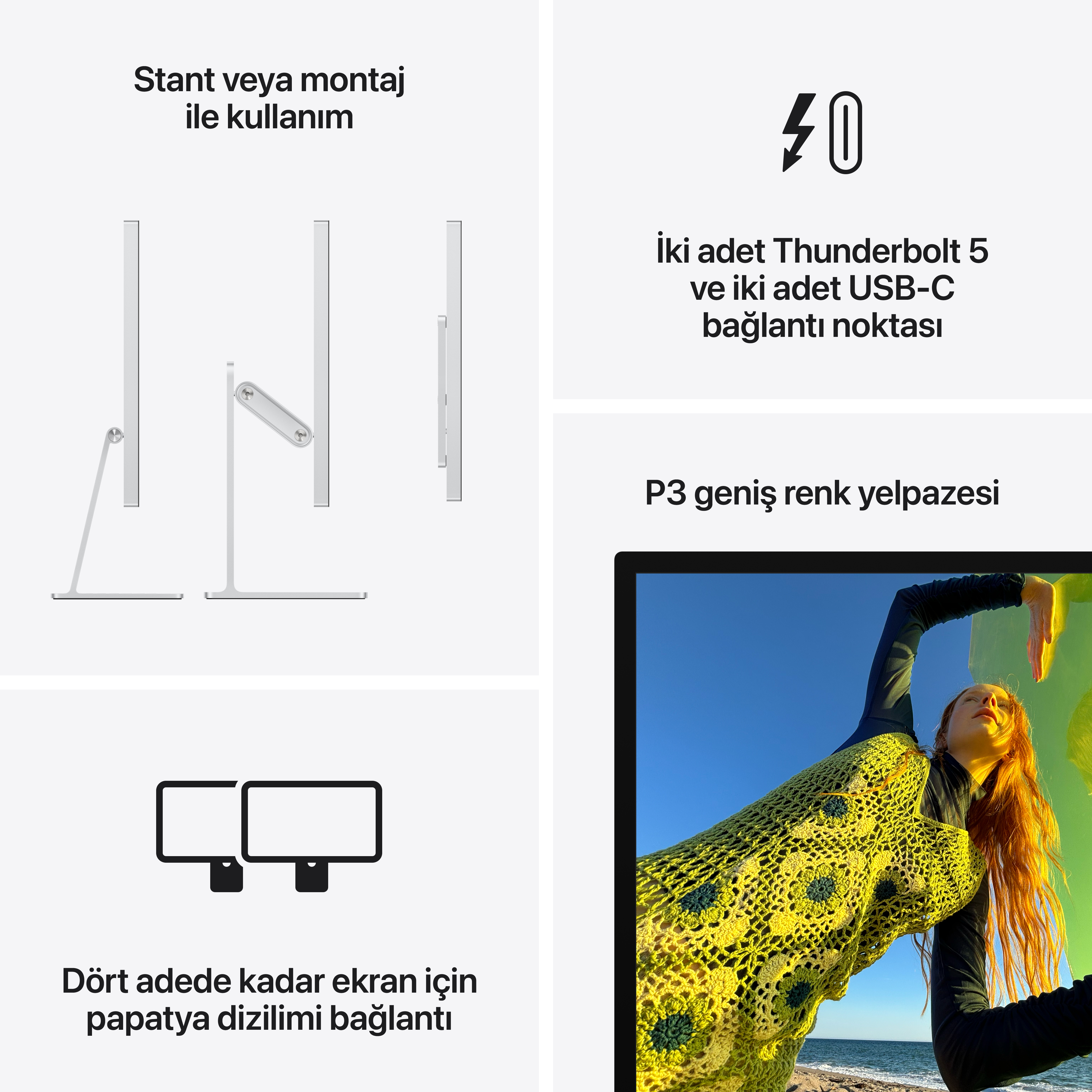 İki Thunderbolt 5 ve iki USB-C bağlantı noktası. P3 geniş renk gamı.