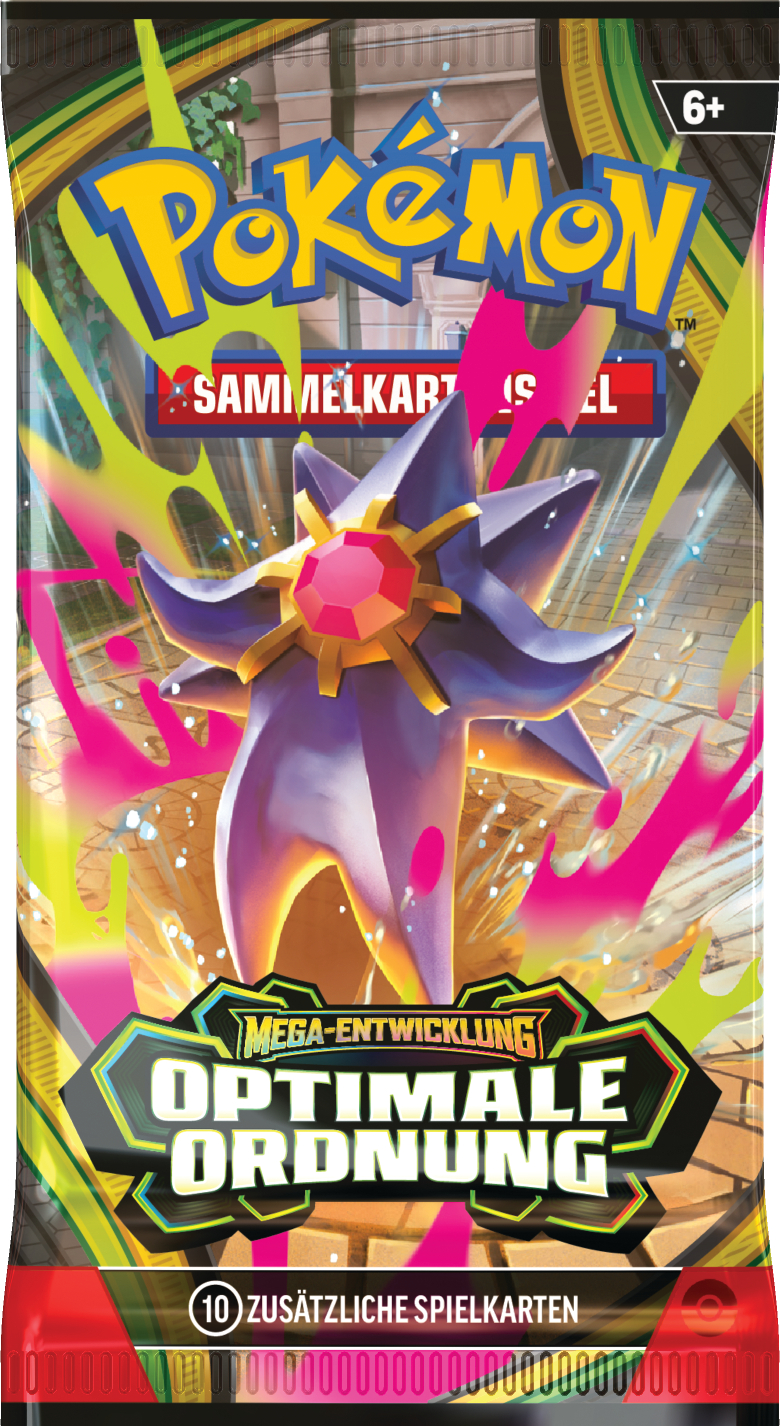 Eine Pokémon Sammelkartenspiel-Verpackung mit einem violetten Pokémon und bunten Effekten.