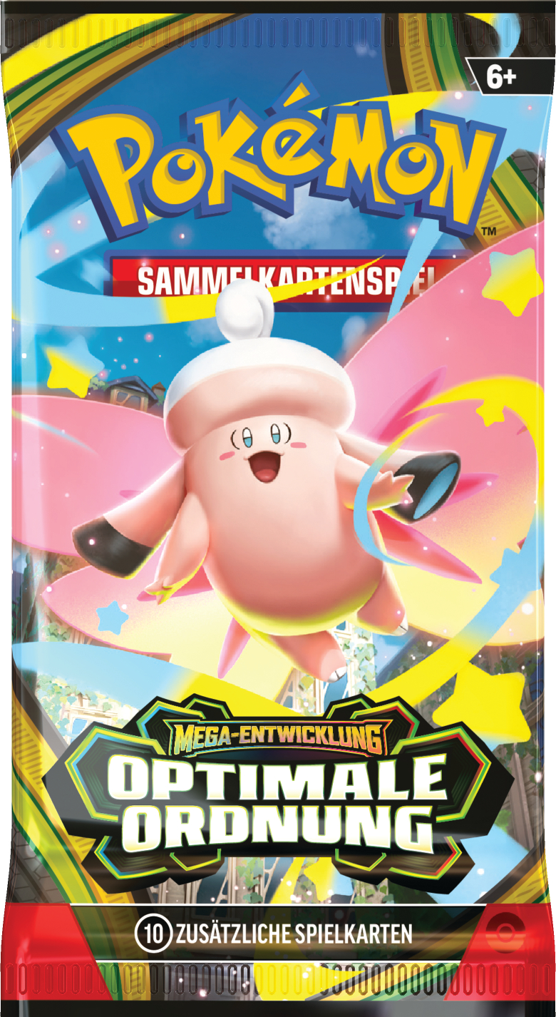 Pokémon Sammelkartenspiel mit rosa Kreatur, Mega-Entwicklung, optimale Ordnung.