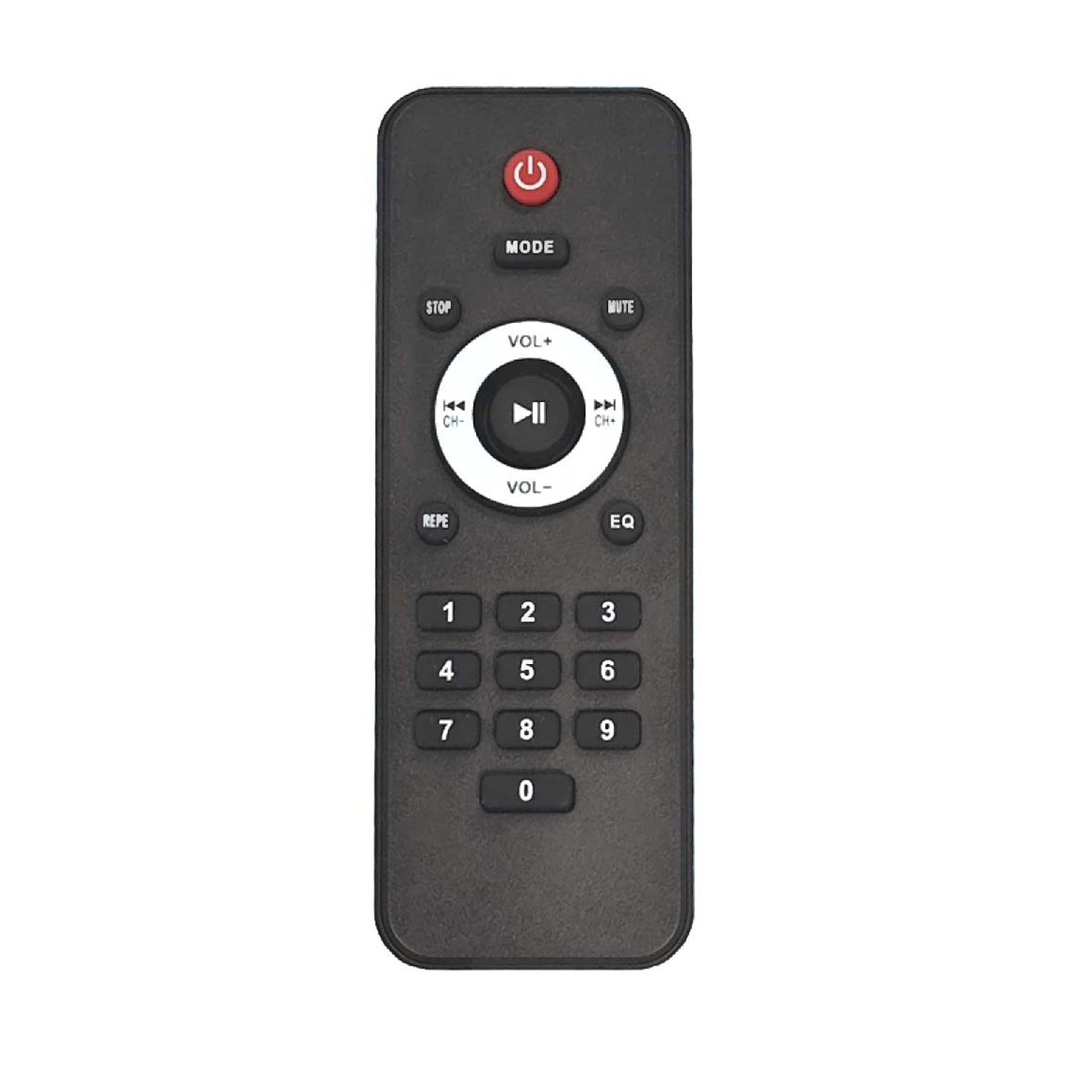 Un telecomando nero con pulsanti per accensione, modalità, stop, volume, riproduzione e numeri.