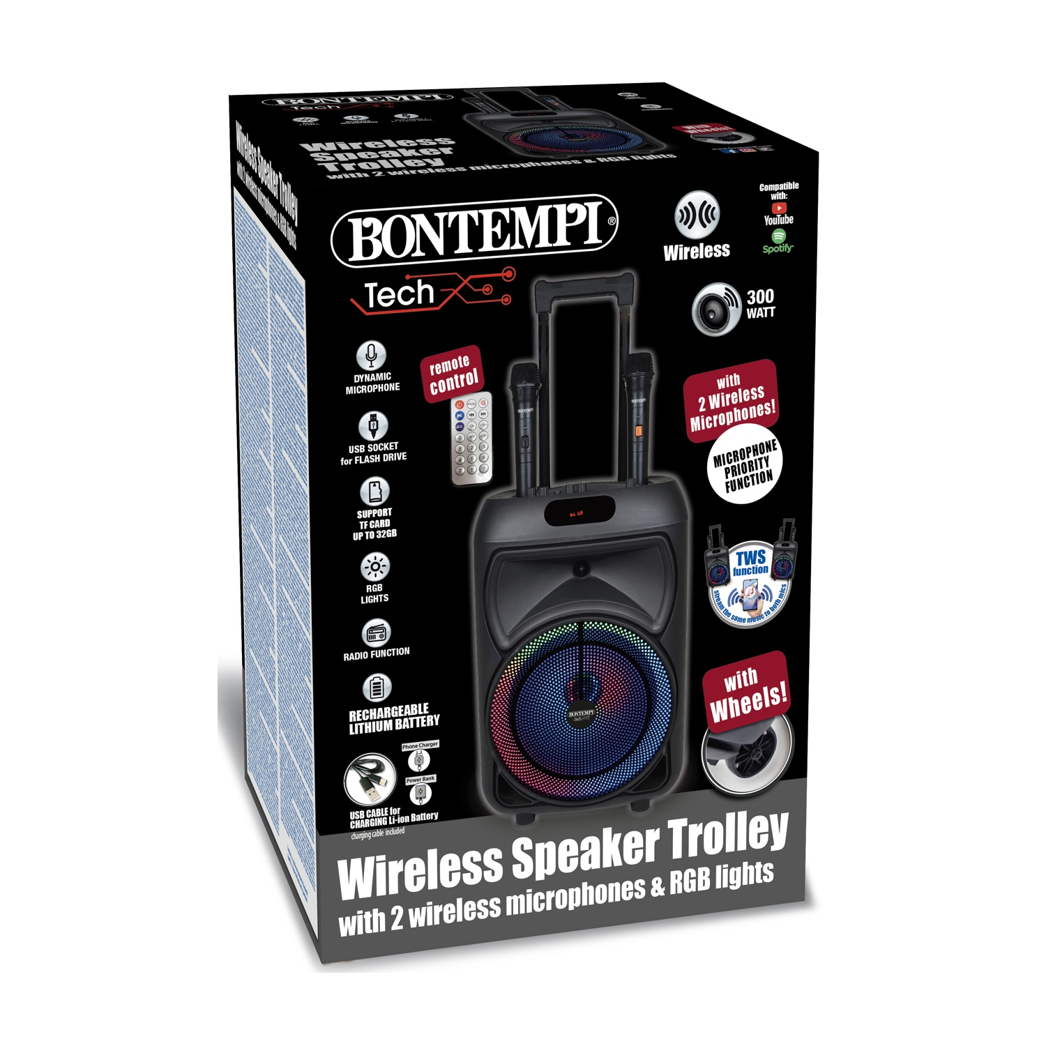 Carrello speaker Bontempi con 2 microfoni e luci RGB su ruote.
