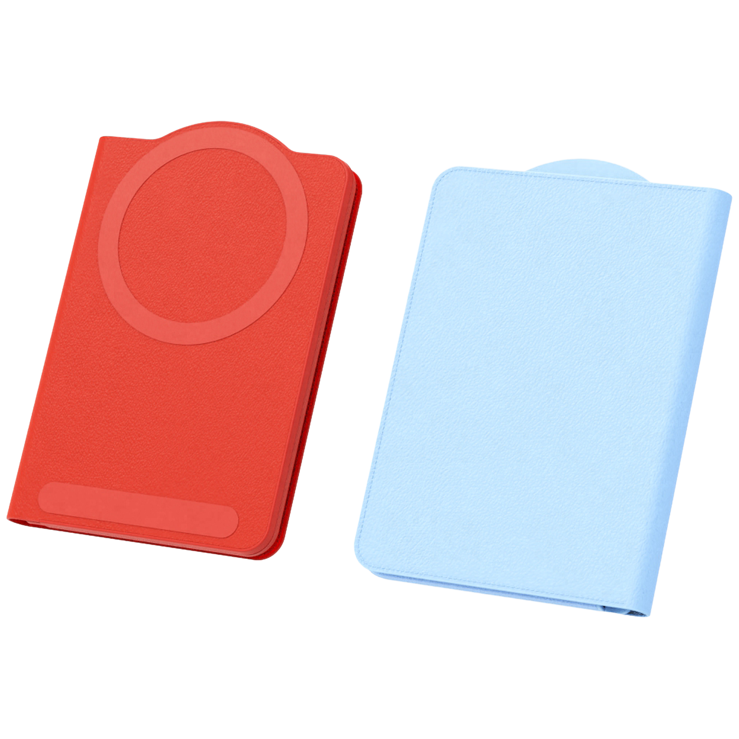 Twee telefoonhoesjes naast elkaar: een rode met cirkel en een blauwe.