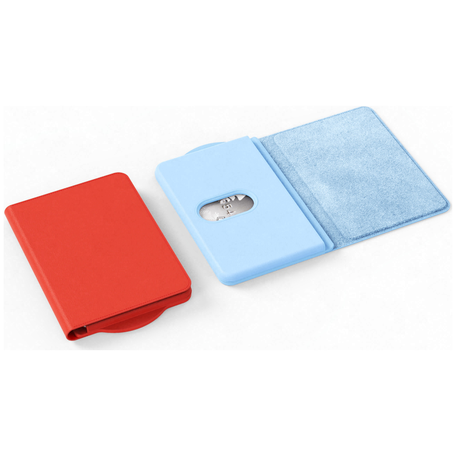 Twee telefoonhoesjes: één rode, gesloten en één lichtblauwe, open met kaart.
