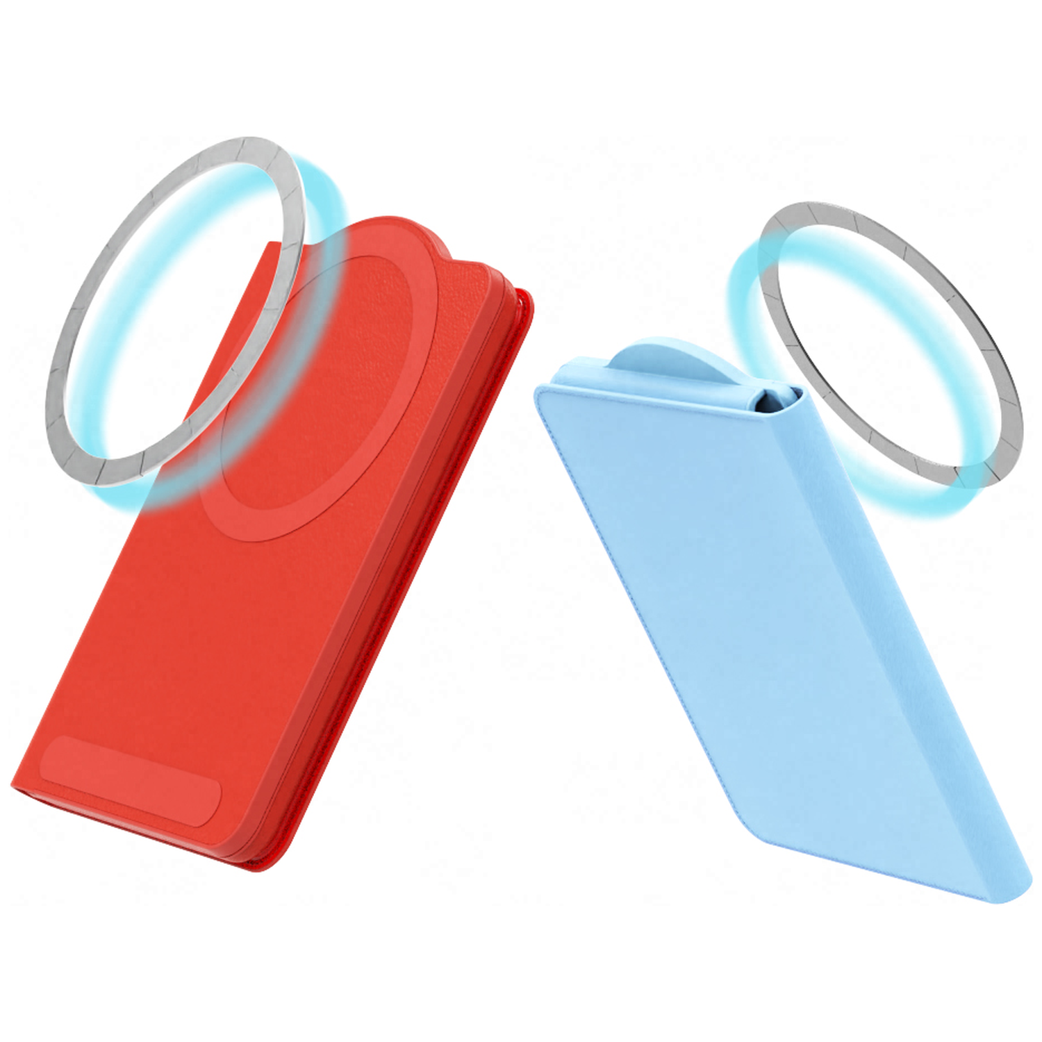 Twee telefoonhoesjes, rood en blauw, met ringen.