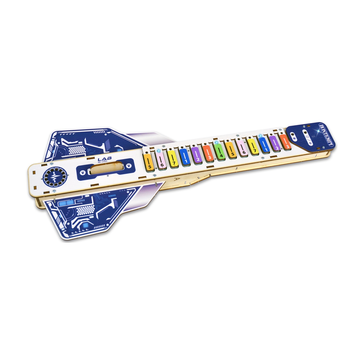 Una tastiera giocattolo in legno a forma di chitarra con tasti colorati.