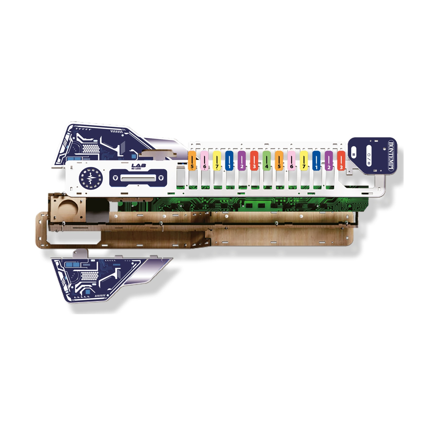 Un dispositivo futuristico con pulsanti colorati e schede elettroniche.