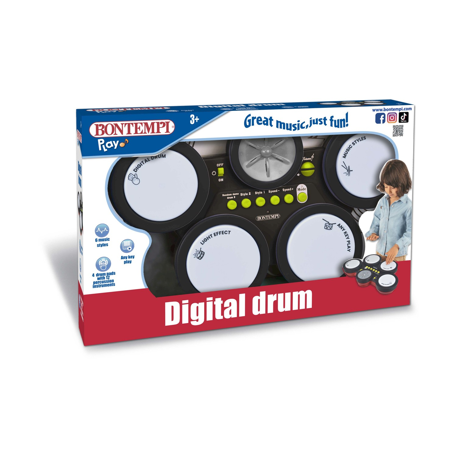 Scatola batteria digitale Bontempi con bambino che suona. 6 stili musicali.