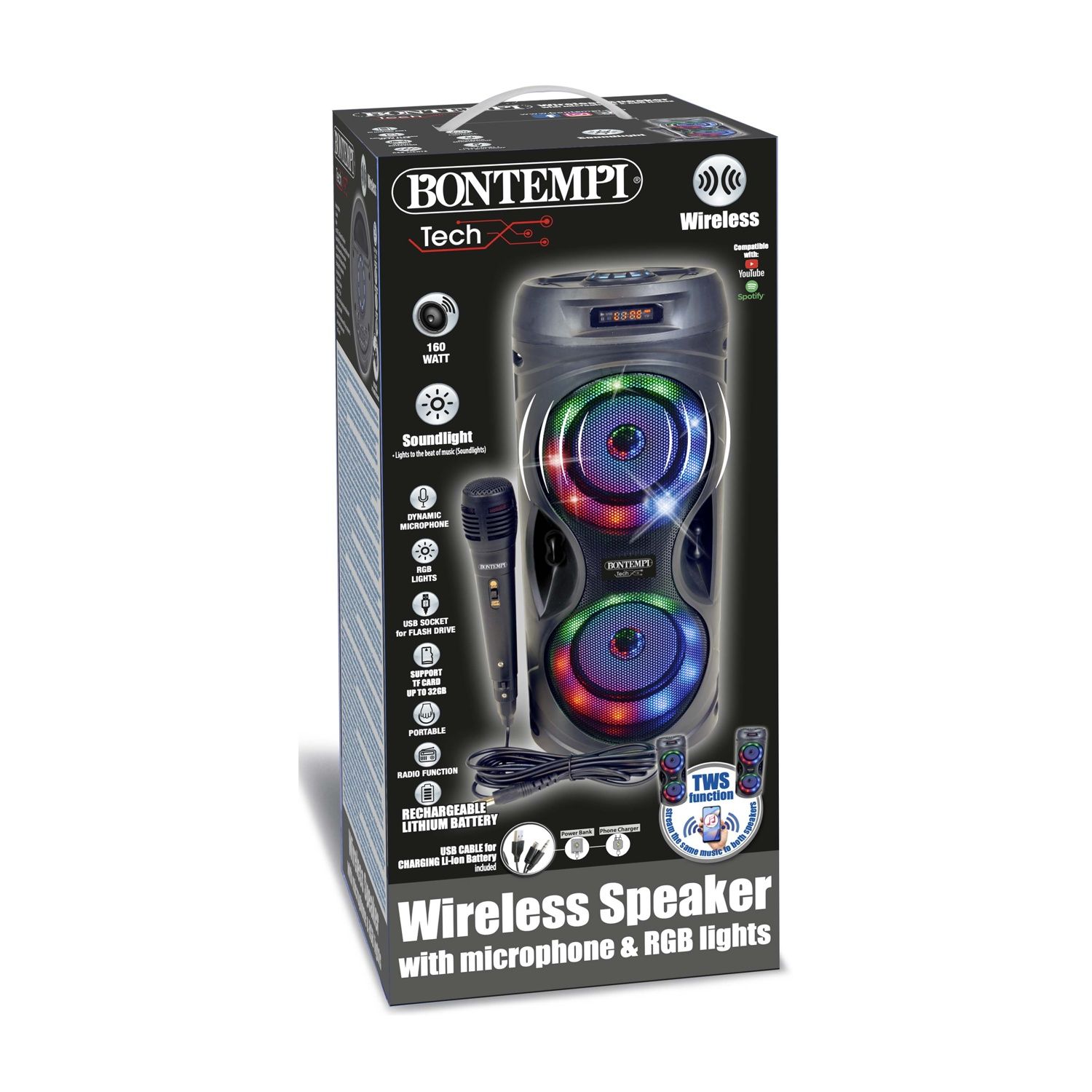 Altoparlante wireless Bontempi con microfono e luci RGB sulla confezione.