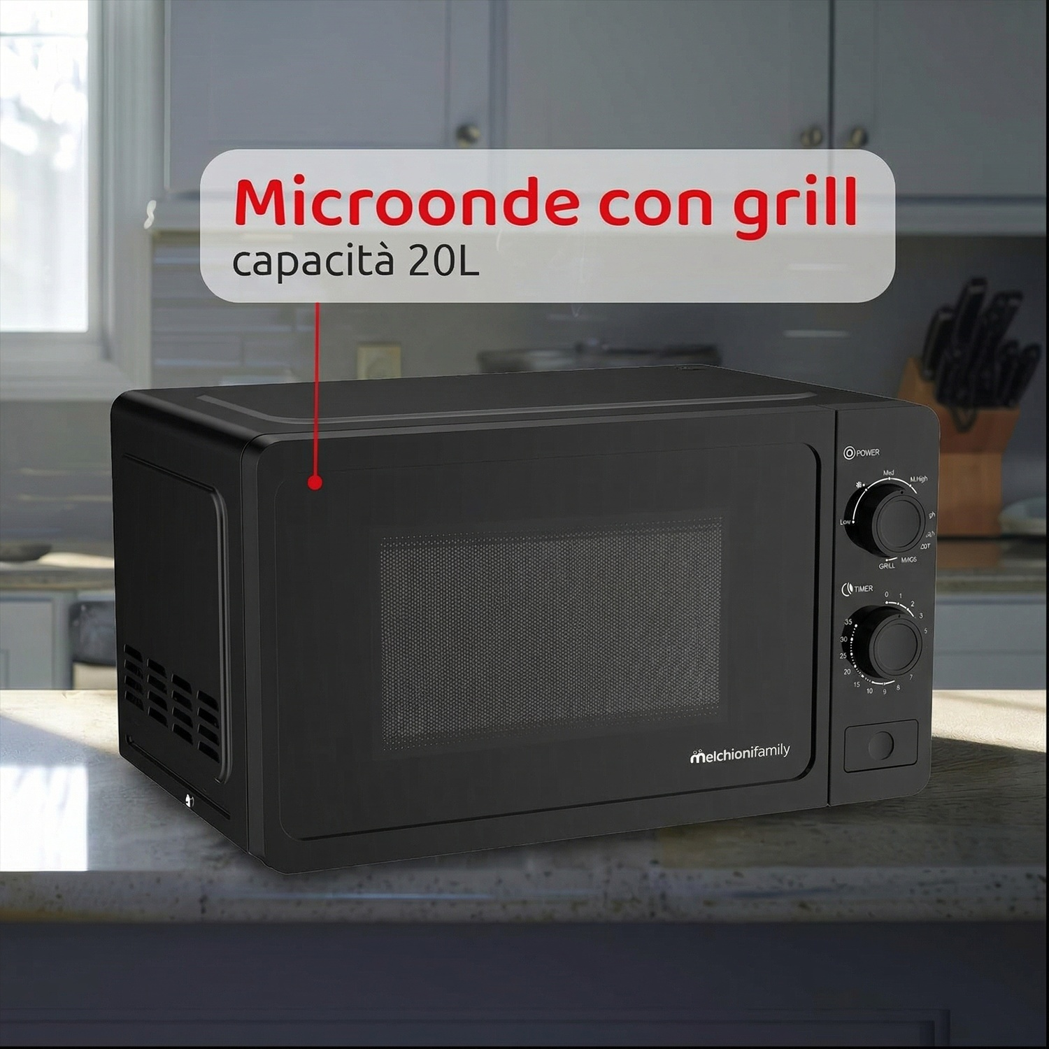 Forno a microonde nero con grill e capacità 20L su un piano di lavoro.