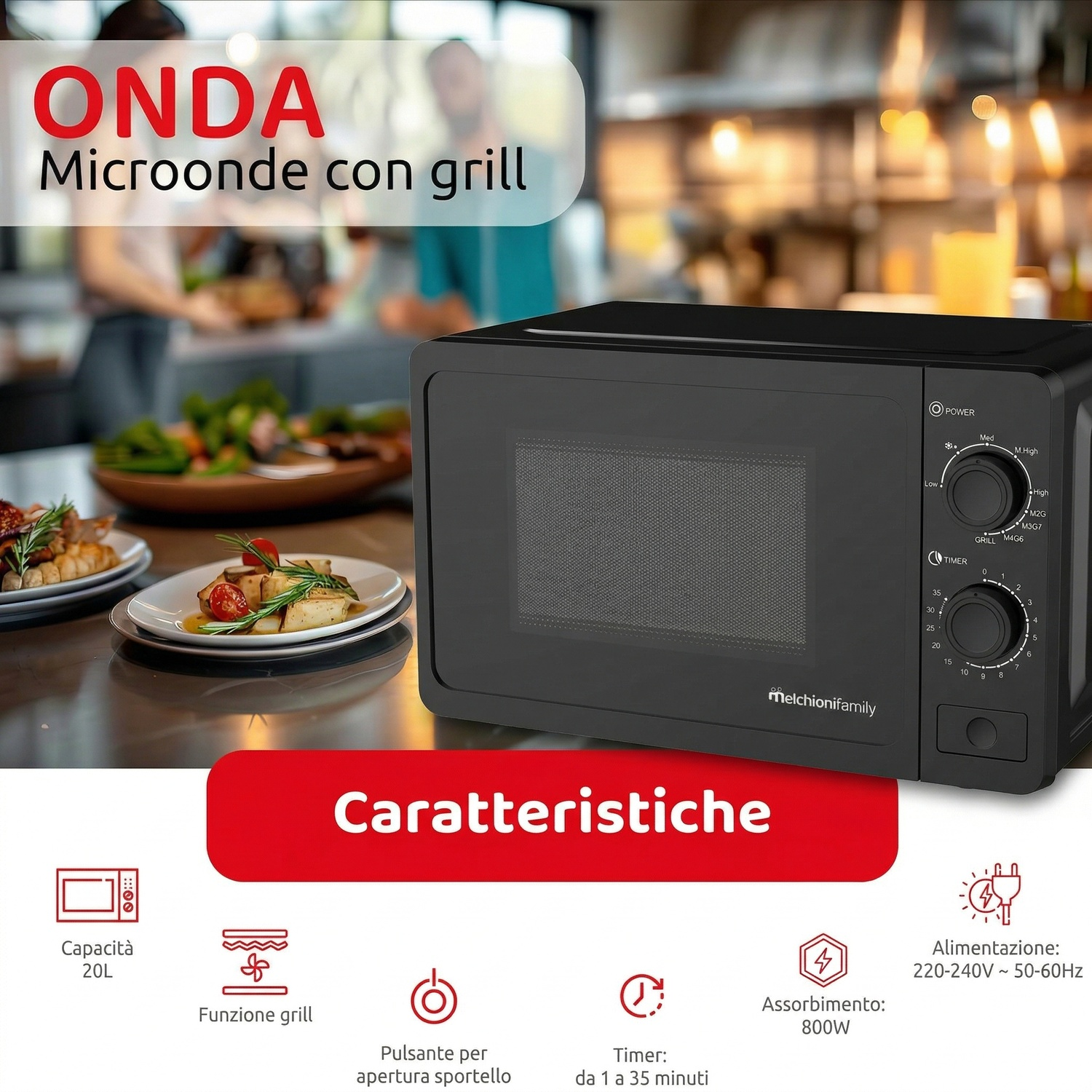 Forno a microonde nero con grill, capacità 20L, 800W, 220-240V.