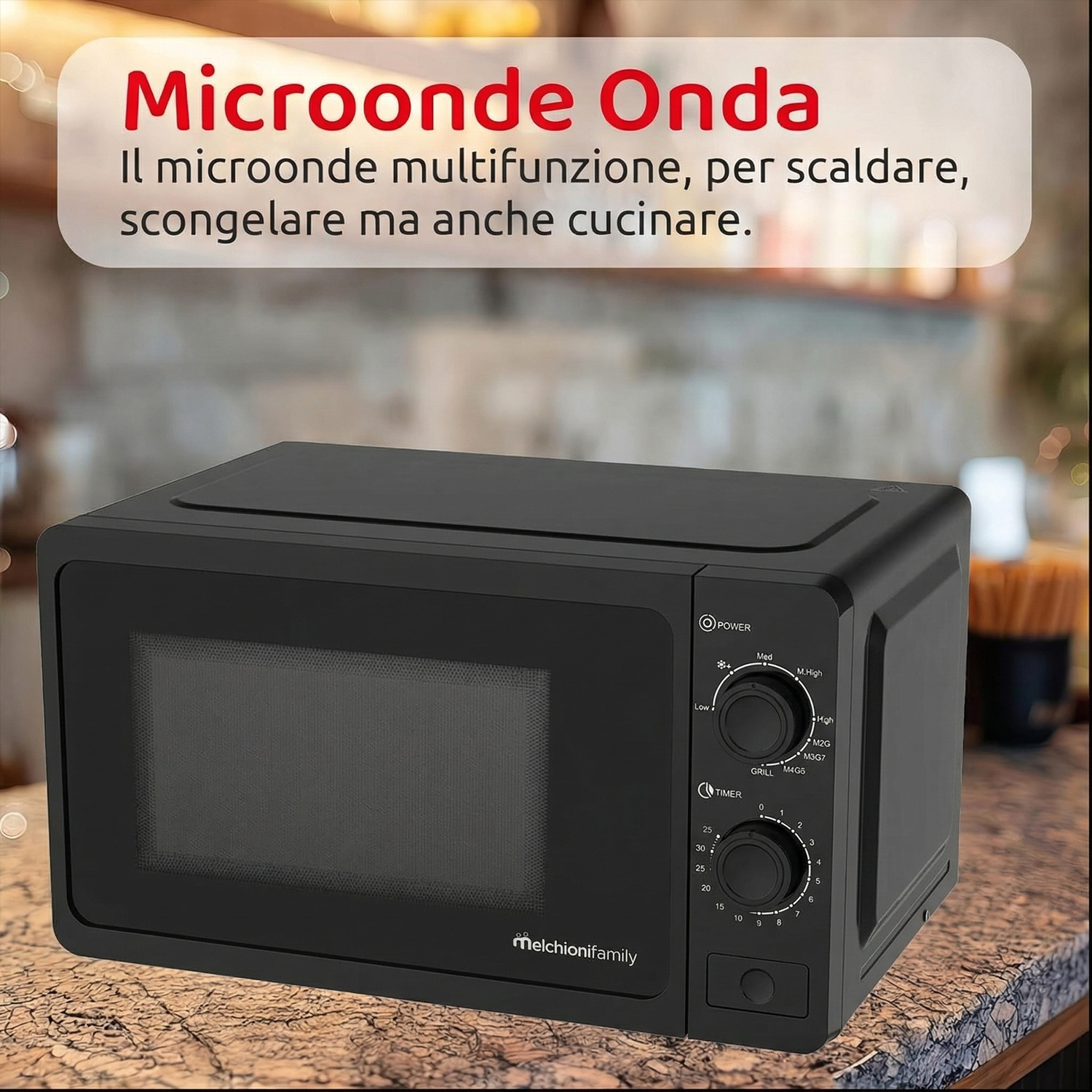 Microonde nero con due manopole e pulsanti di controllo su un piano di lavoro.