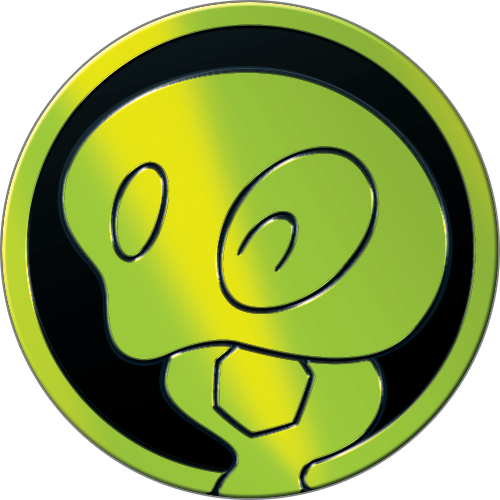 Grünes Alien-Logo mit schwarzen Linien und Glanzlichtern.