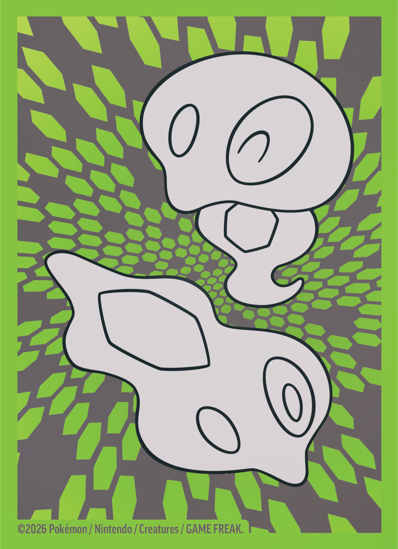 Zwei weiße, schematische Pokémon-Figuren auf grauem Hintergrund mit grünen Sechsecken.