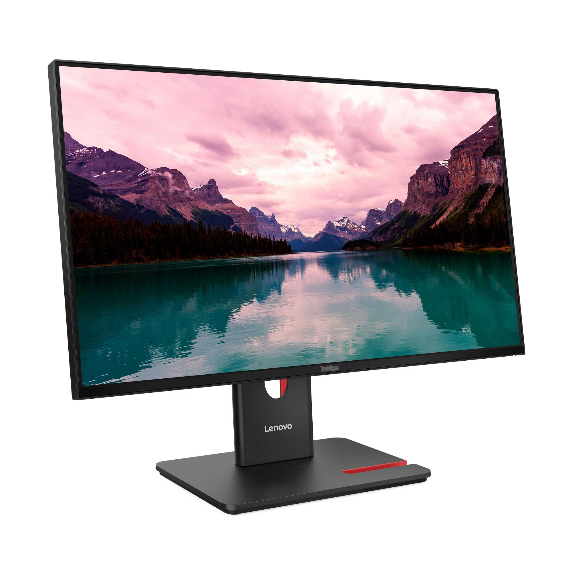Egy Lenovo monitor hegyvidéki tájat, tavat és rózsaszín eget mutat.