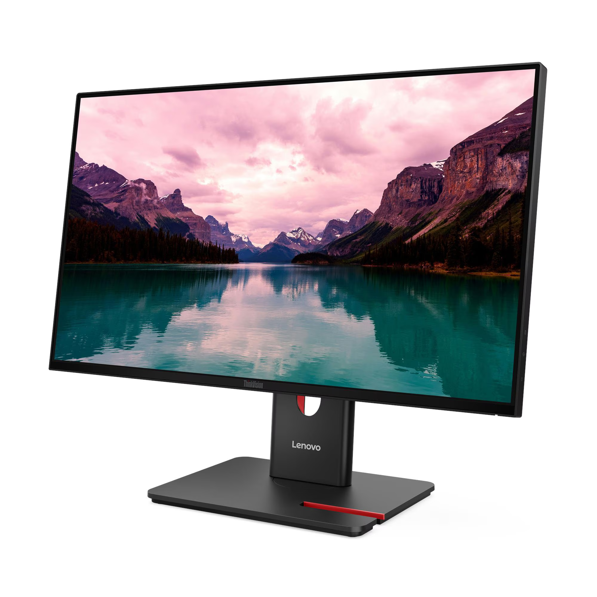 Egy Lenovo monitor hegyi tájat, tavat és rózsaszín eget mutat.
